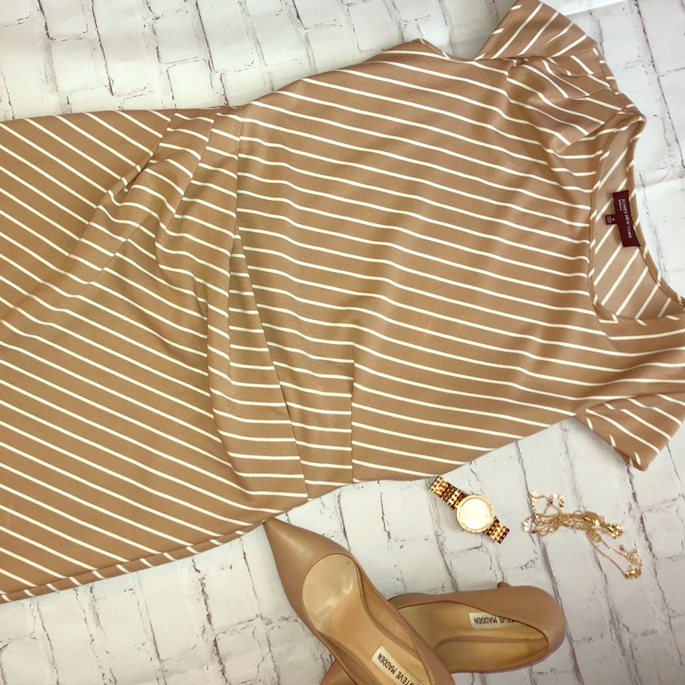 Tan and white striped fitted dress